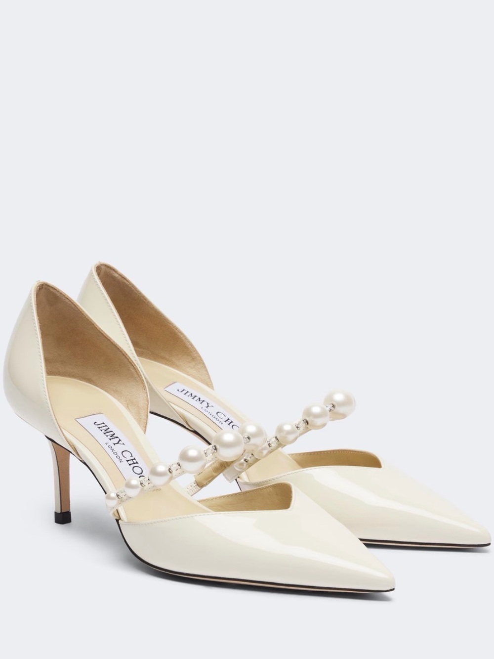 Jimmy Choo Ivory Patent Pointed-Toe Pumps with Pearl Strap